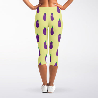 Cute Eggplant Pattern Print Women's Capri Leggings