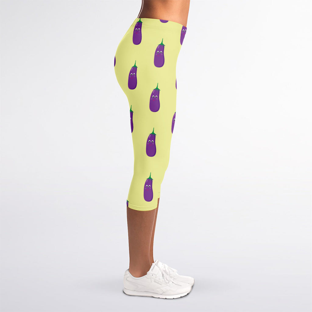 Cute Eggplant Pattern Print Women's Capri Leggings
