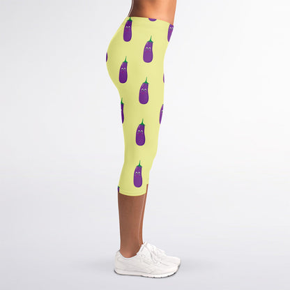 Cute Eggplant Pattern Print Women's Capri Leggings