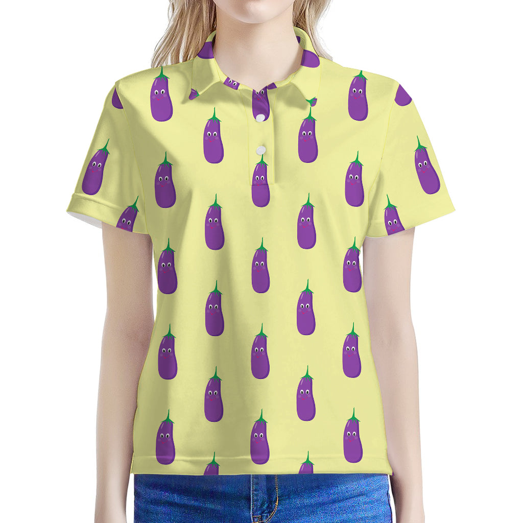 Cute Eggplant Pattern Print Women's Polo Shirt