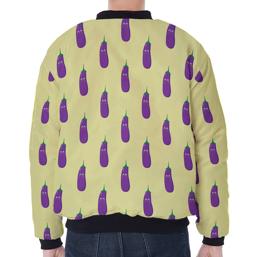 Cute Eggplant Pattern Print Zip Sleeve Bomber Jacket