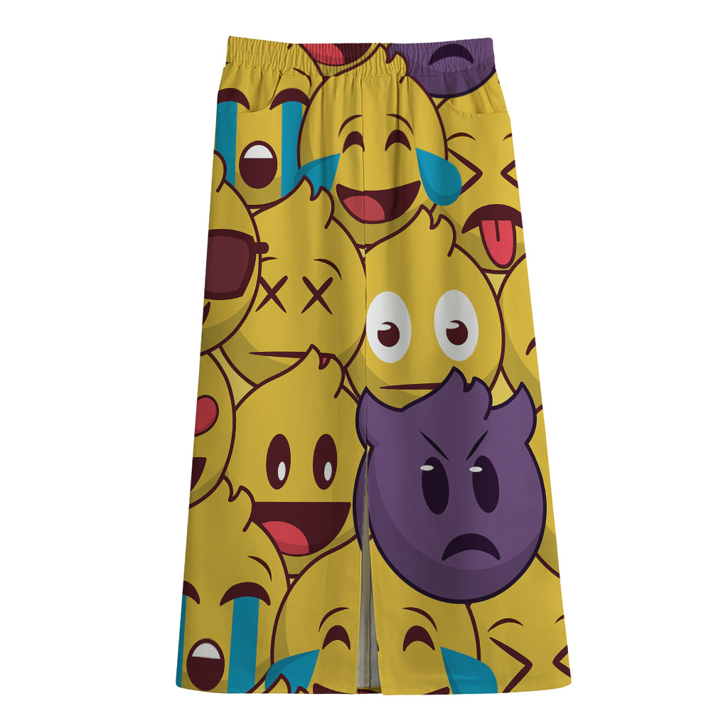 Cute Emoji Pattern Print Cotton Front Slit Maxi Skirt