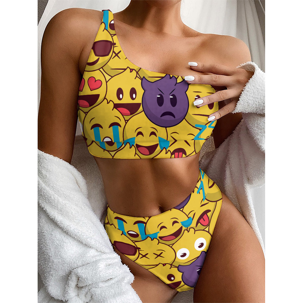 Cute Emoji Pattern Print One Shoulder Bikini Top