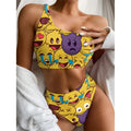 Cute Emoji Pattern Print One Shoulder Bikini Set
