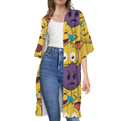 Cute Emoji Pattern Print Open Front Beach Cover Up