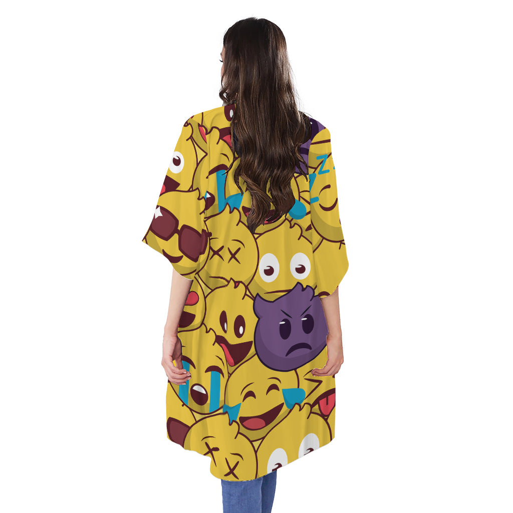 Cute Emoji Pattern Print Open Front Beach Cover Up