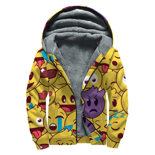 Cute Emoji Pattern Print Sherpa Lined Zip Up Hoodie