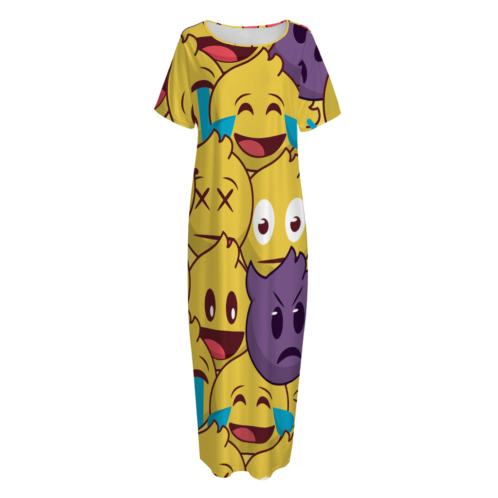 Cute Emoji Pattern Print Short Sleeve Long Nightdress