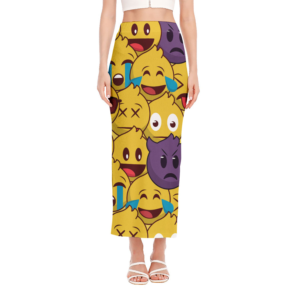 Cute Emoji Pattern Print Side Slit Maxi Skirt