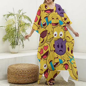 Cute Emoji Pattern Print Silk V-Neck Kaftan Dress