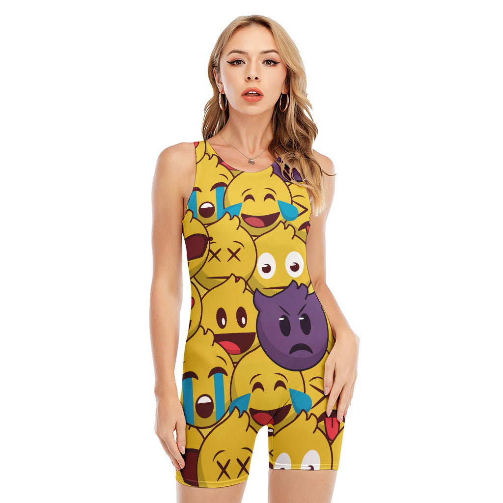 Cute Emoji Pattern Print Sleeveless One Piece Swimsuit