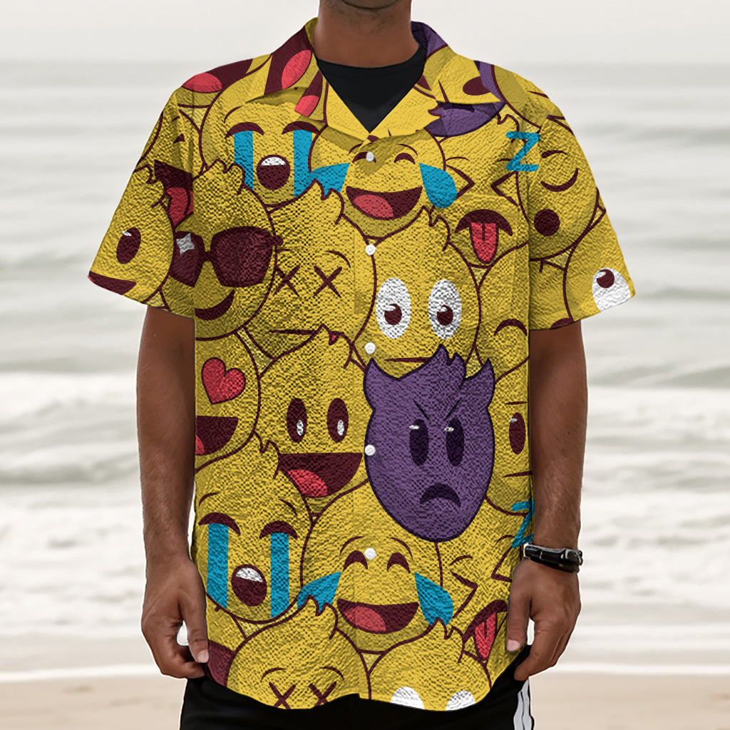 Cute Emoji Pattern Print Textured Short Sleeve Shirt