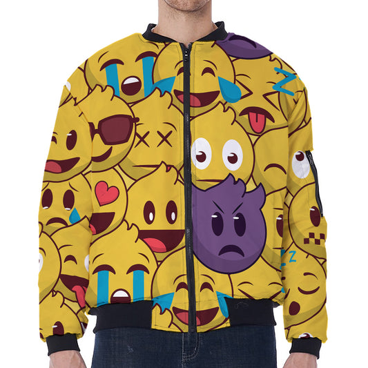 Cute Emoji Pattern Print Zip Sleeve Bomber Jacket