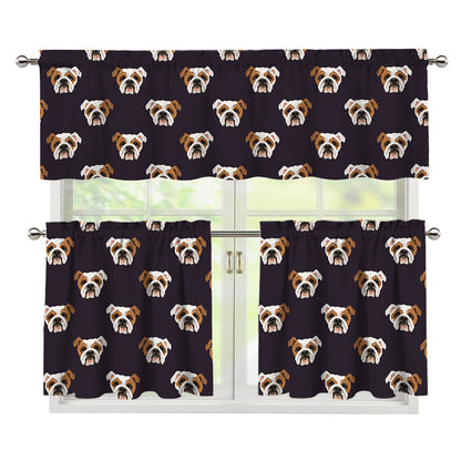 Cute English Bulldog Pattern Print 3 Piece Kitchen Curtains