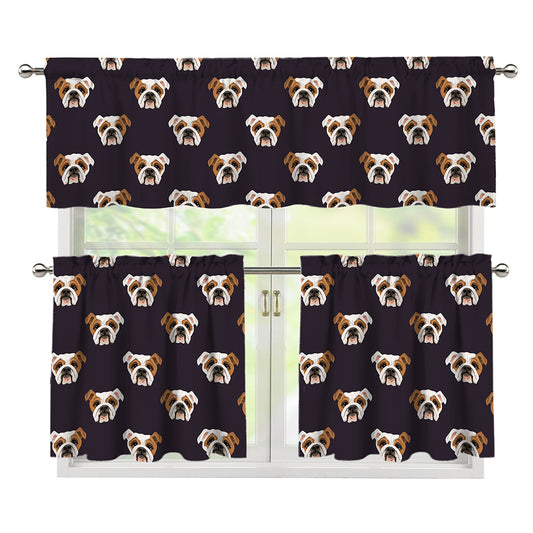 Cute English Bulldog Pattern Print 3 Piece Kitchen Curtains