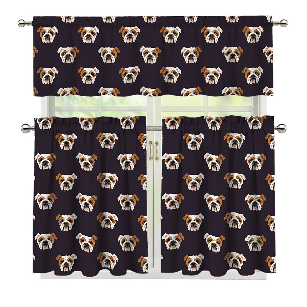 Cute English Bulldog Pattern Print 3 Piece Kitchen Curtains
