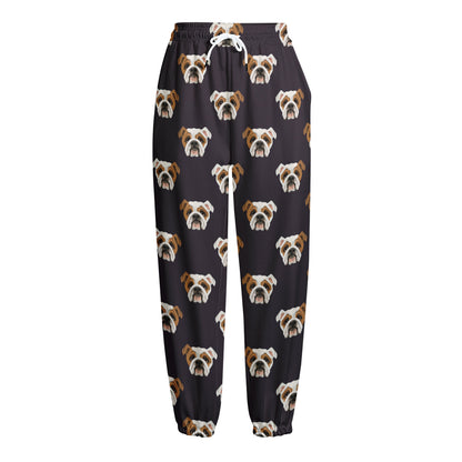 Cute English Bulldog Pattern Print Fleece Lined Knit Pants
