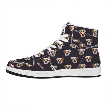 Cute English Bulldog Pattern Print High Top Leather Sneakers