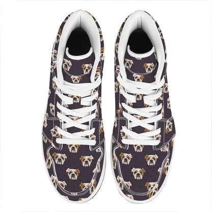 Cute English Bulldog Pattern Print High Top Leather Sneakers