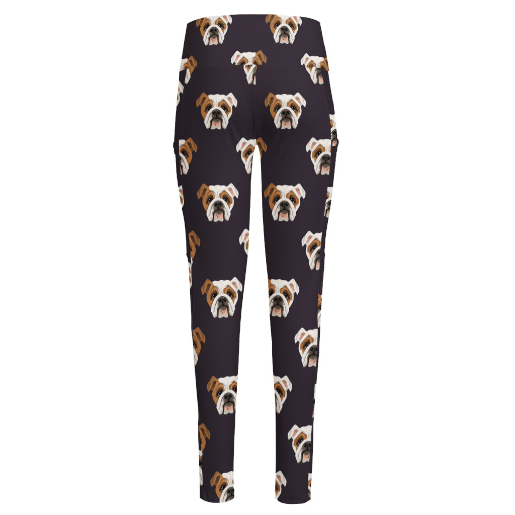 Cute English Bulldog Pattern Print High-Waisted Pocket Leggings