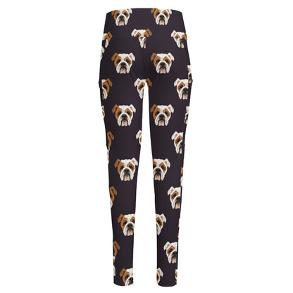 Cute English Bulldog Pattern Print High-Waisted Pocket Leggings