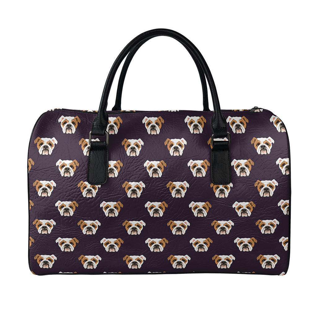 Cute English Bulldog Pattern Print Leather Duffle Bag