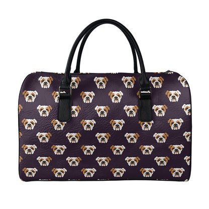 Cute English Bulldog Pattern Print Leather Duffle Bag