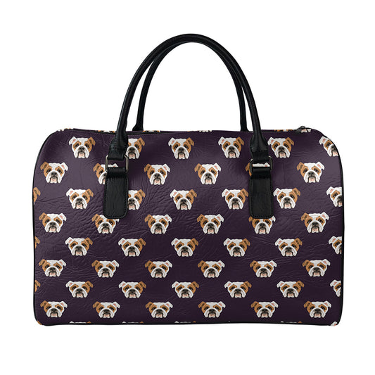Cute English Bulldog Pattern Print Leather Duffle Bag