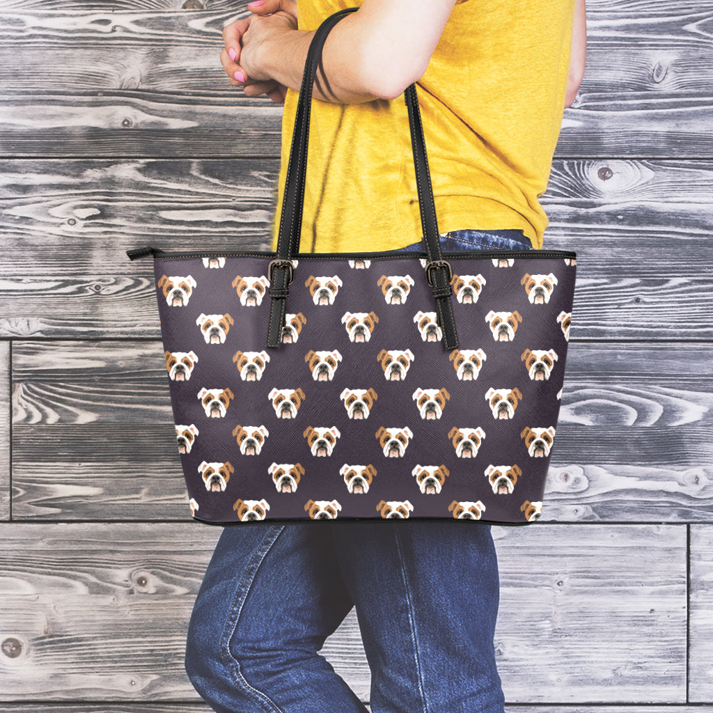 Cute English Bulldog Pattern Print Leather Tote Bag