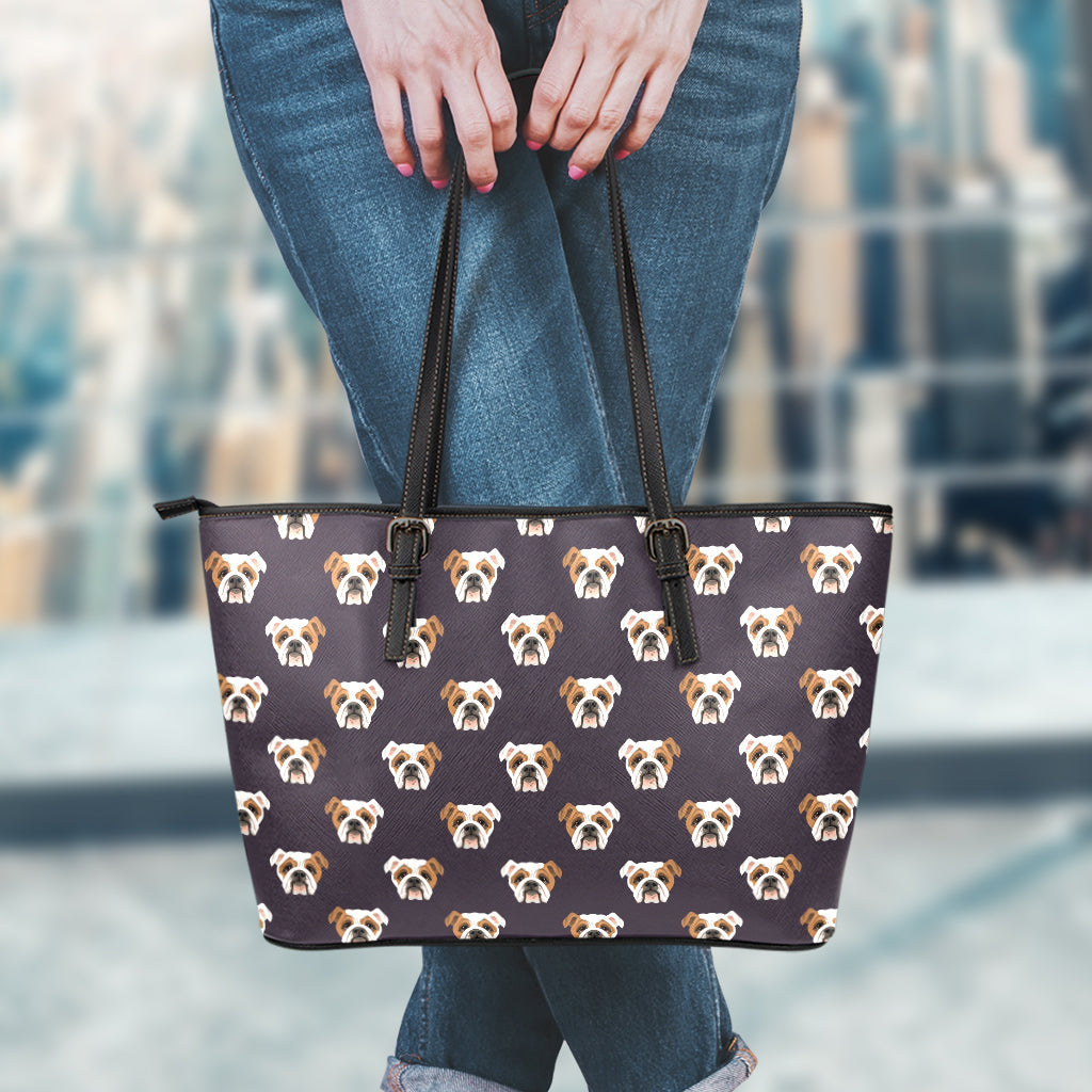 Cute English Bulldog Pattern Print Leather Tote Bag