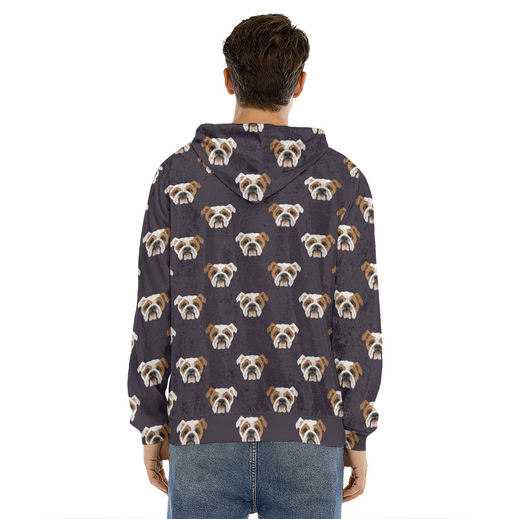 Cute English Bulldog Pattern Print Men's Velvet Pullover Hoodie