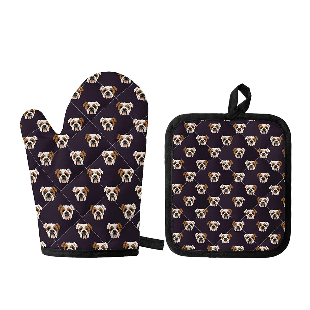 Cute English Bulldog Pattern Print Oven Mitt And Pot Holder Set