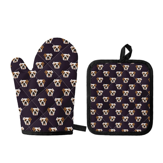 Cute English Bulldog Pattern Print Oven Mitt And Pot Holder Set