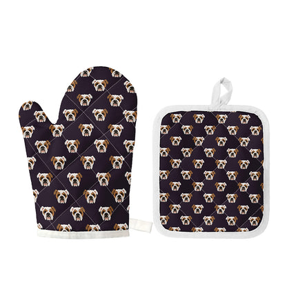 Cute English Bulldog Pattern Print Oven Mitt And Pot Holder Set