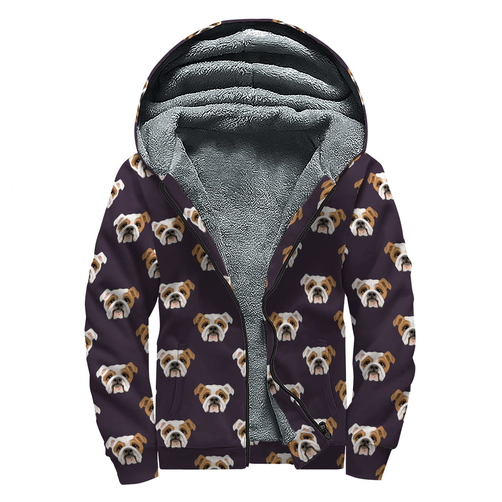 Cute English Bulldog Pattern Print Sherpa Lined Zip Up Hoodie