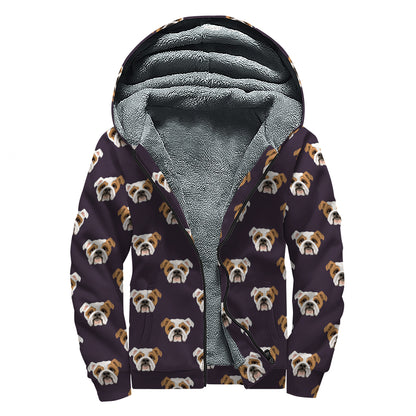 Cute English Bulldog Pattern Print Sherpa Lined Zip Up Hoodie