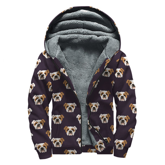 Cute English Bulldog Pattern Print Sherpa Lined Zip Up Hoodie