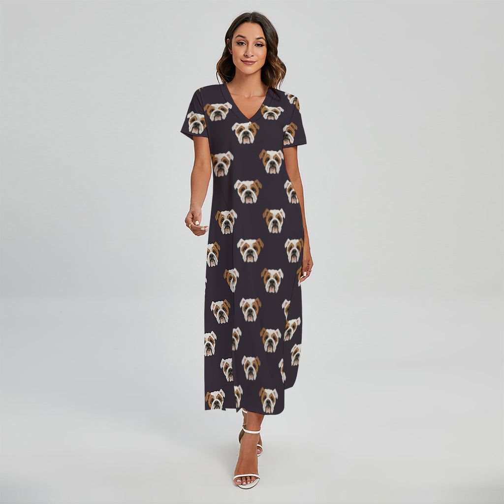 Cute English Bulldog Pattern Print Short Sleeve Maxi Dress