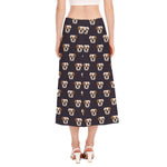 Cute English Bulldog Pattern Print Side Slit Midi Skirt