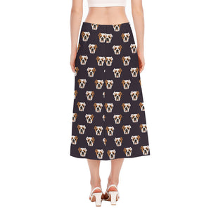 Cute English Bulldog Pattern Print Side Slit Midi Skirt