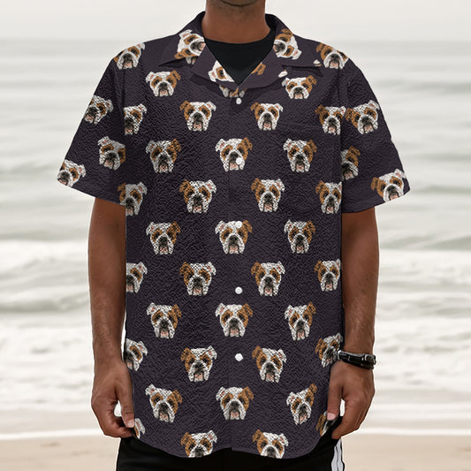 Cute English Bulldog Pattern Print Textured Short Sleeve Shirt