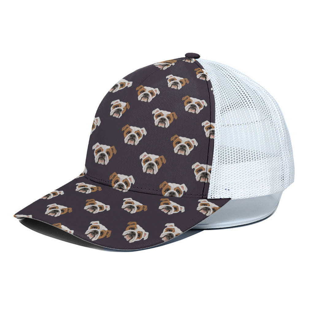 Cute English Bulldog Pattern Print White Mesh Trucker Cap