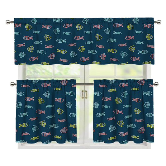 Cute Fish Pattern Print 3 Piece Kitchen Curtains