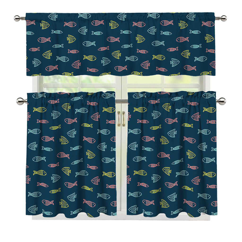 Cute Fish Pattern Print 3 Piece Kitchen Curtains