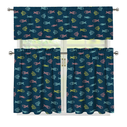 Cute Fish Pattern Print 3 Piece Kitchen Curtains