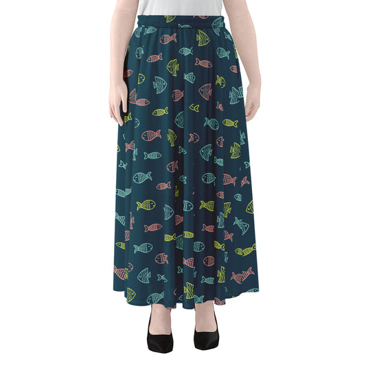Cute Fish Pattern Print Chiffon Maxi Skirt