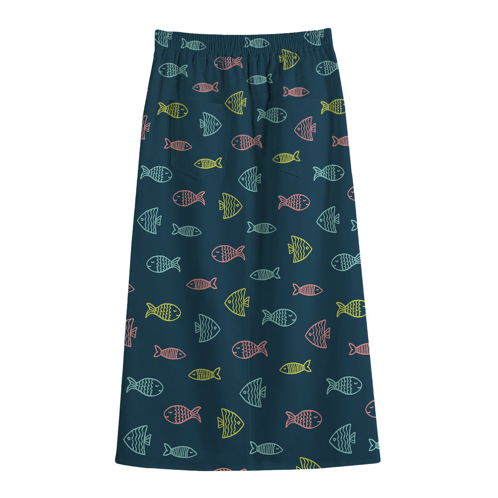 Cute Fish Pattern Print Cotton Front Slit Maxi Skirt