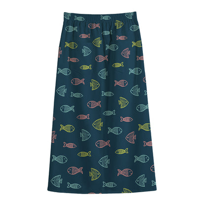 Cute Fish Pattern Print Cotton Front Slit Maxi Skirt