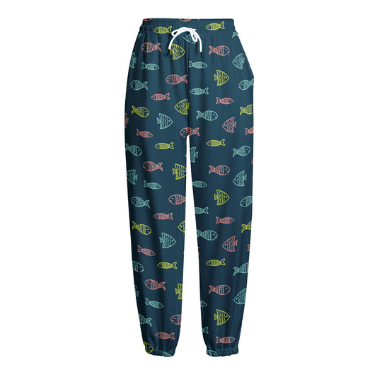Cute Fish Pattern Print Fleece Lined Knit Pants