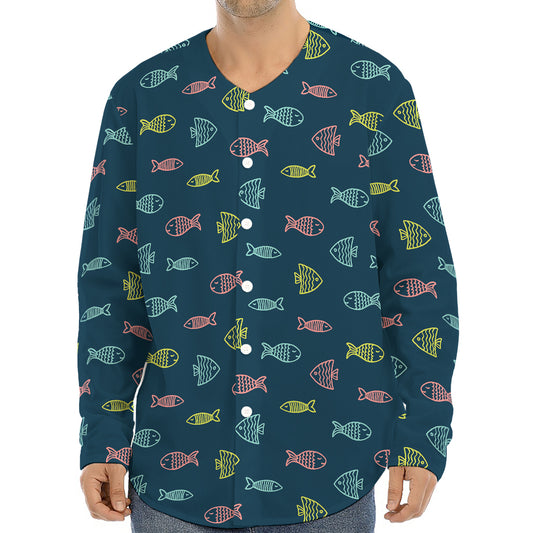 Cute Fish Pattern Print Long Sleeve Baseball Jersey